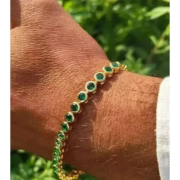 5CT Round Cut Lab Created Emerald Men's Tennis Bracelet 14K Yellow Gold Finish