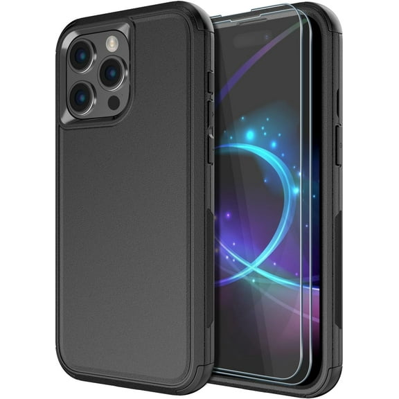 for iPhone 15 Pro Case [Shockproof] [Dropproof] [Tempered Glass Screen Protector ],Heavy Duty Protection Phone Case Cover for Apple iPhone 15 Pro 6.1 inch (Black)
