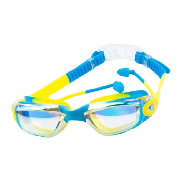 Gafas de natación para niños, gafas de piscina, impermeables, visión clara, con tapones para los oídos, antivaho. Amarillo Azul