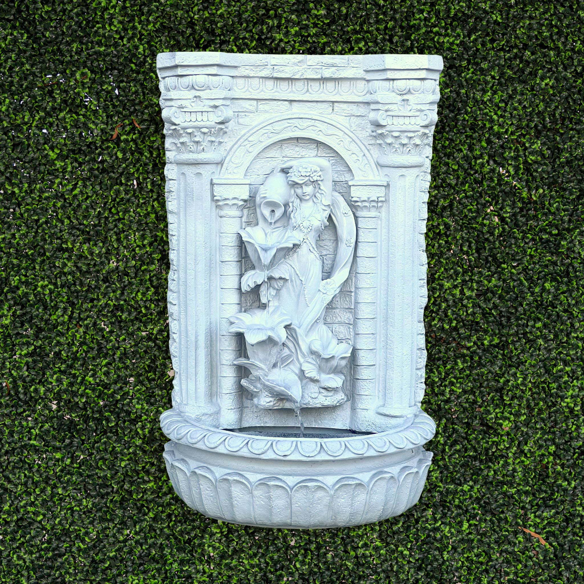 XBrand 30.3" Solar-Powered Outdoor Wall Fountain with Flower Maiden Statue, Antique Stone Waterfall Design for Garden, Yard Décor & Bird Bath, Polyresin