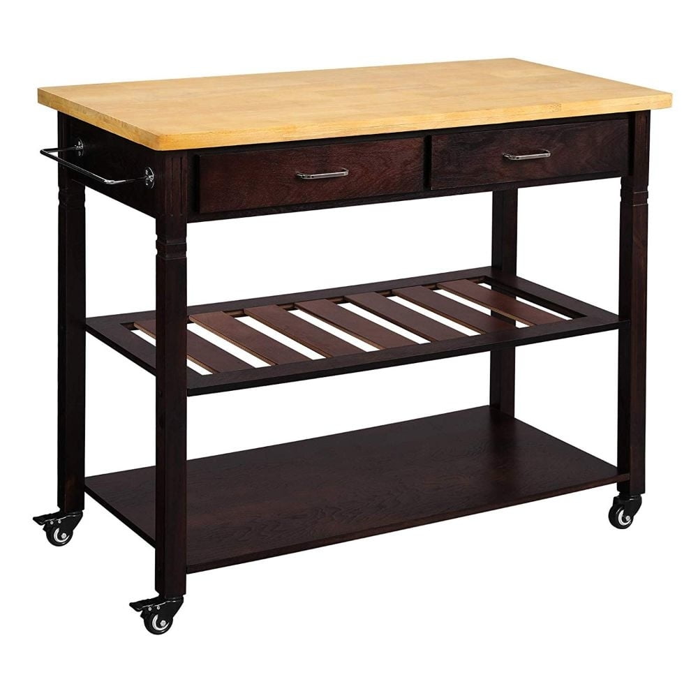 Dual Finish Wooden Kitchen Cart With Two Open Shelves And Two Storage