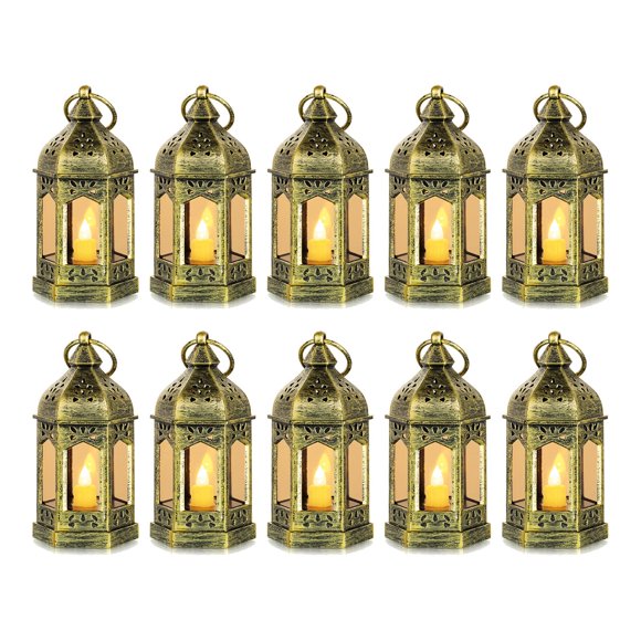 10pcs Mini Lanterns Decorative for Centerpiece: Romadedi Hanging Small Gold Lantern Bulk with Flickering LED Candles for Hallowee
