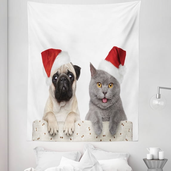 Pug Tapestry, Christmas Themed Animal Photography a Cat and Dog Wearing Santa Hats Print, Fabric Wall Hanging Decor for Bedroom Living Room Dorm, 5 Sizes, Grey Cream Red, by Ambesonne