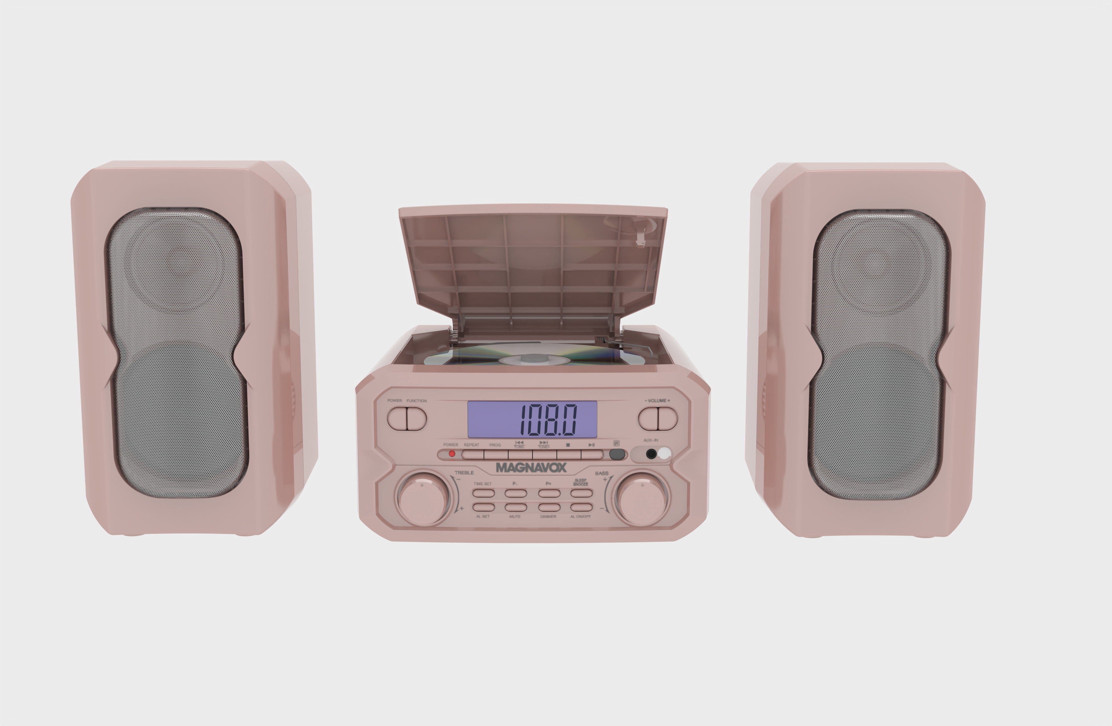 Magnavox Bluetooth 3-in-1 CD Shelf System with FM Stereo, Compact CD Player with Bluetooth Streaming, AUX Input, LCD Display, Top-Loading CD Player,  Rose Gold