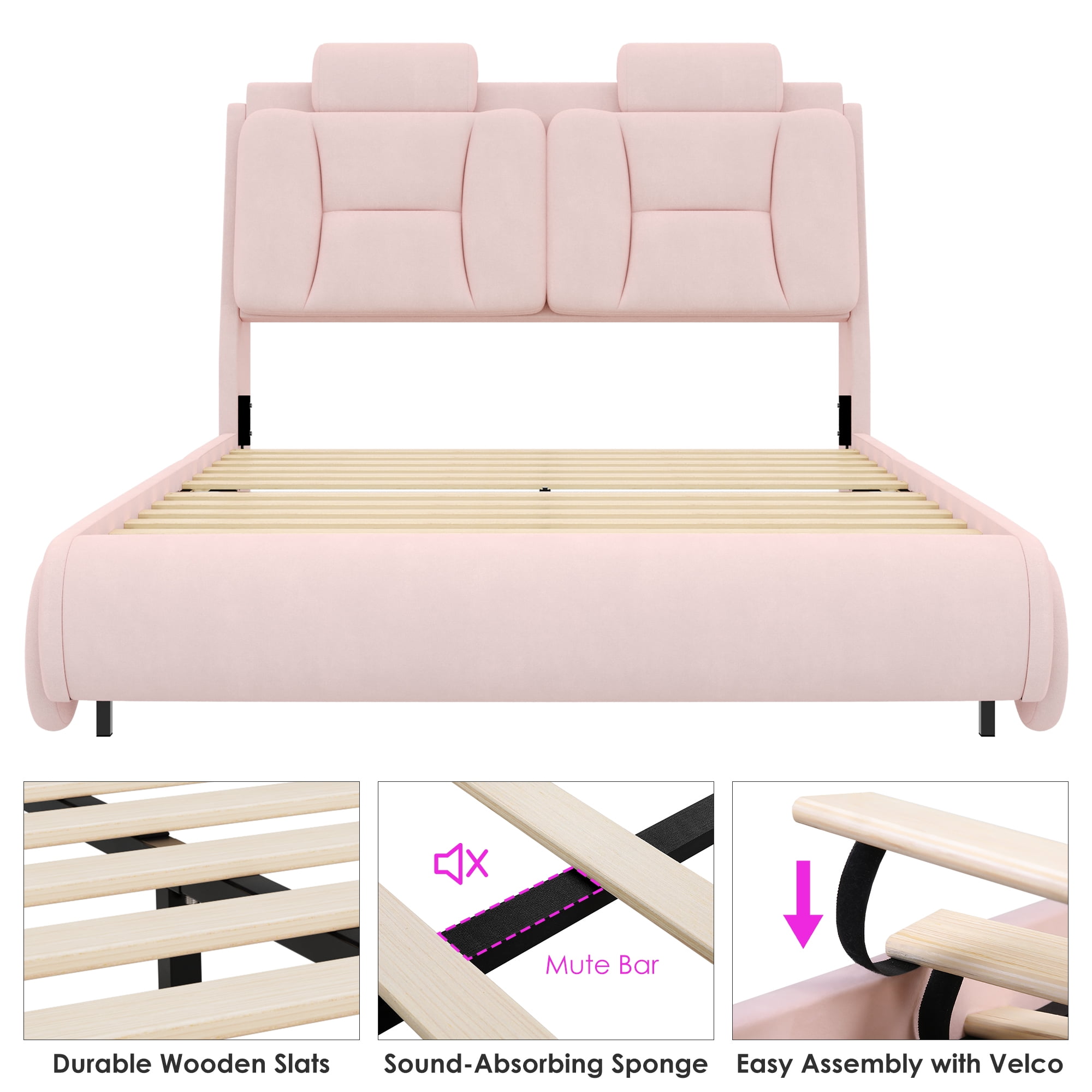 Homfa Full Size Car Bed Frame with LED Wheels, Velvet Upholstered Platform Bed with Adjustable Headboard and Removable Pillows, Pink