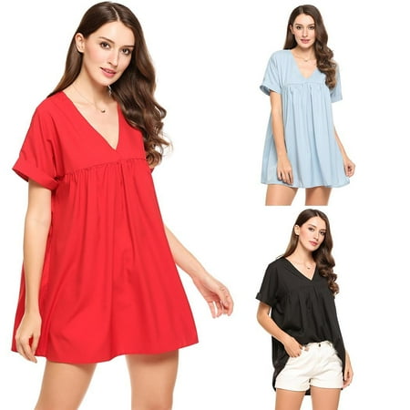 Pleated Empire - Women V-Neck Shot Sleeve Pleated Casual Loose Mini Empire Dress HFON