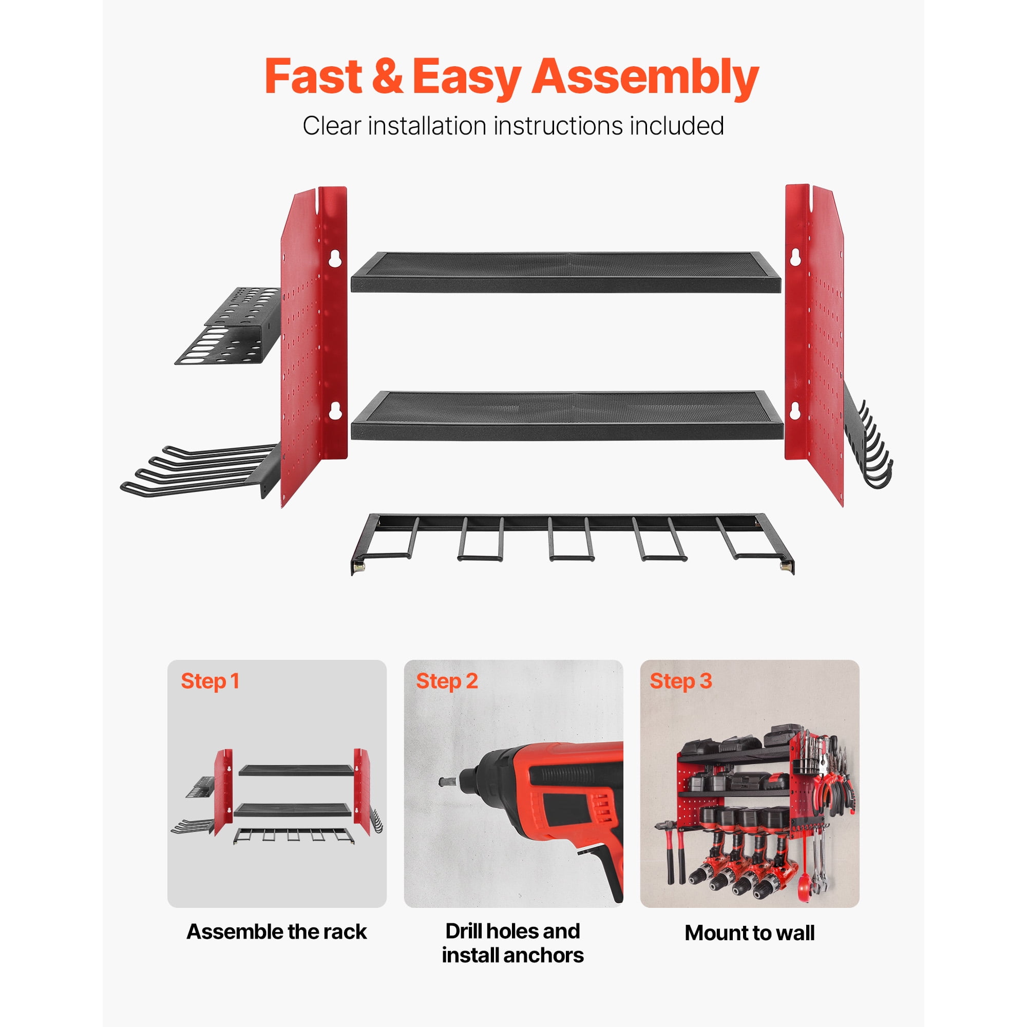 KFFKFF Wall-Mounted Power Tool Organizer, 3-Tier Storage Rack with 4 Drill Slots, Tool Holder and Storage Shelf with Side Pegboards, Ideal for Garage, Workbench, and Workshop
