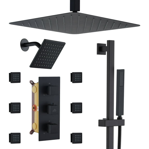 CASAINC 16" Ceiling Mounted Square Shower System with Wall Mounted Square Shower Head, Handheld Sprayers, and Body Jets, Matte Black