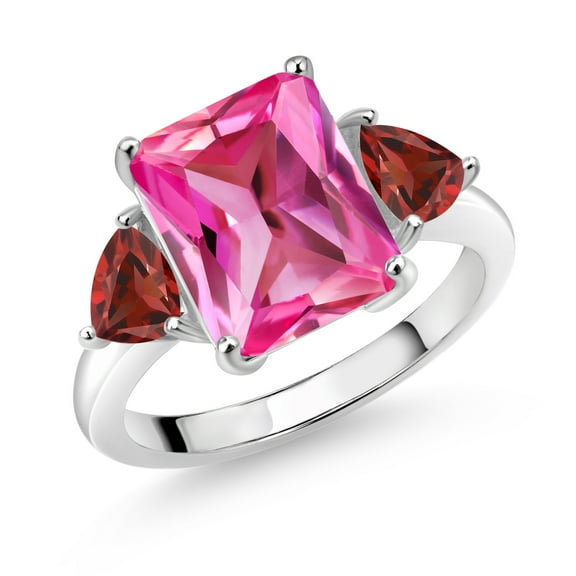 Gem Stone King 925 Sterling Silver Pink Created Sapphire and Red Garnet 3 Stone Ring for Women (7.68 Cttw, Octagon 12X10MM, Trillion 5X5MM, Gemstone September Birthstone, Size 9)