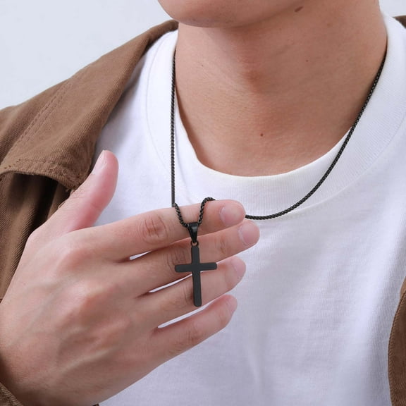 Stainless Steel Cross Necklace for Men Fashion Polished Mens Pendant Necklaces Religious Christian Jewelry Gifts for Him