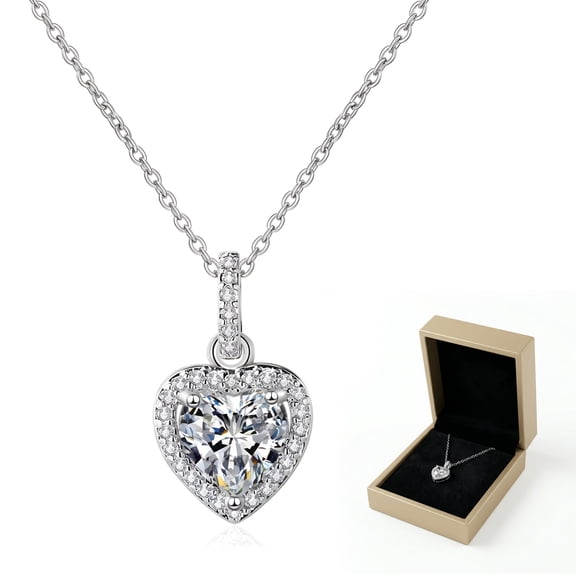 DualFerv 18k White Gold Plated Heart Pendant Necklace with Simulated Diamonds for Women