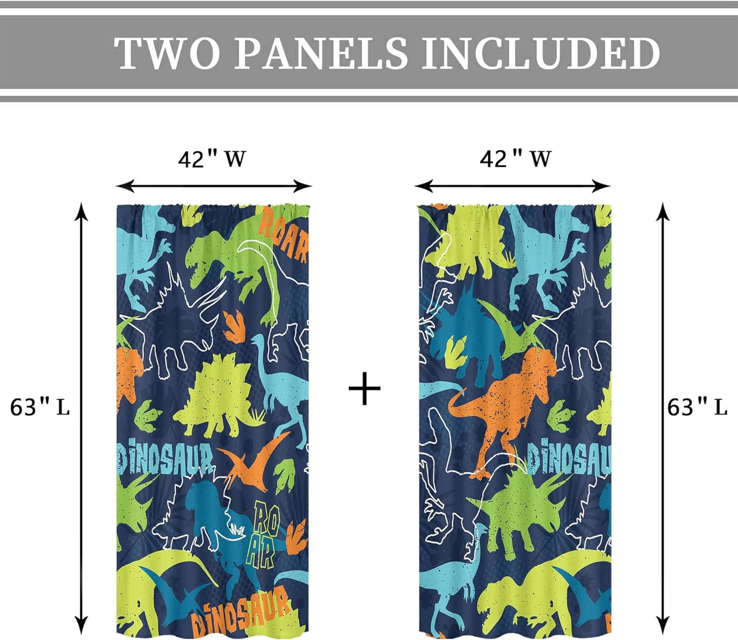Boys Dinosaur Curtains Rod Pocket Colorful Cartoon Dino for Kids Funny Animals Child Dark Blue Cute Safari Wildlife Art Printed Living Room Bedroom Window Drapes Fabric 2 Panels 42Wx63H Inch