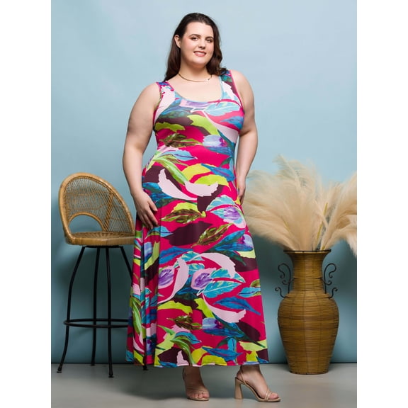 Plus Size Floral Scoop Neck Tank A Line Maxi Dress