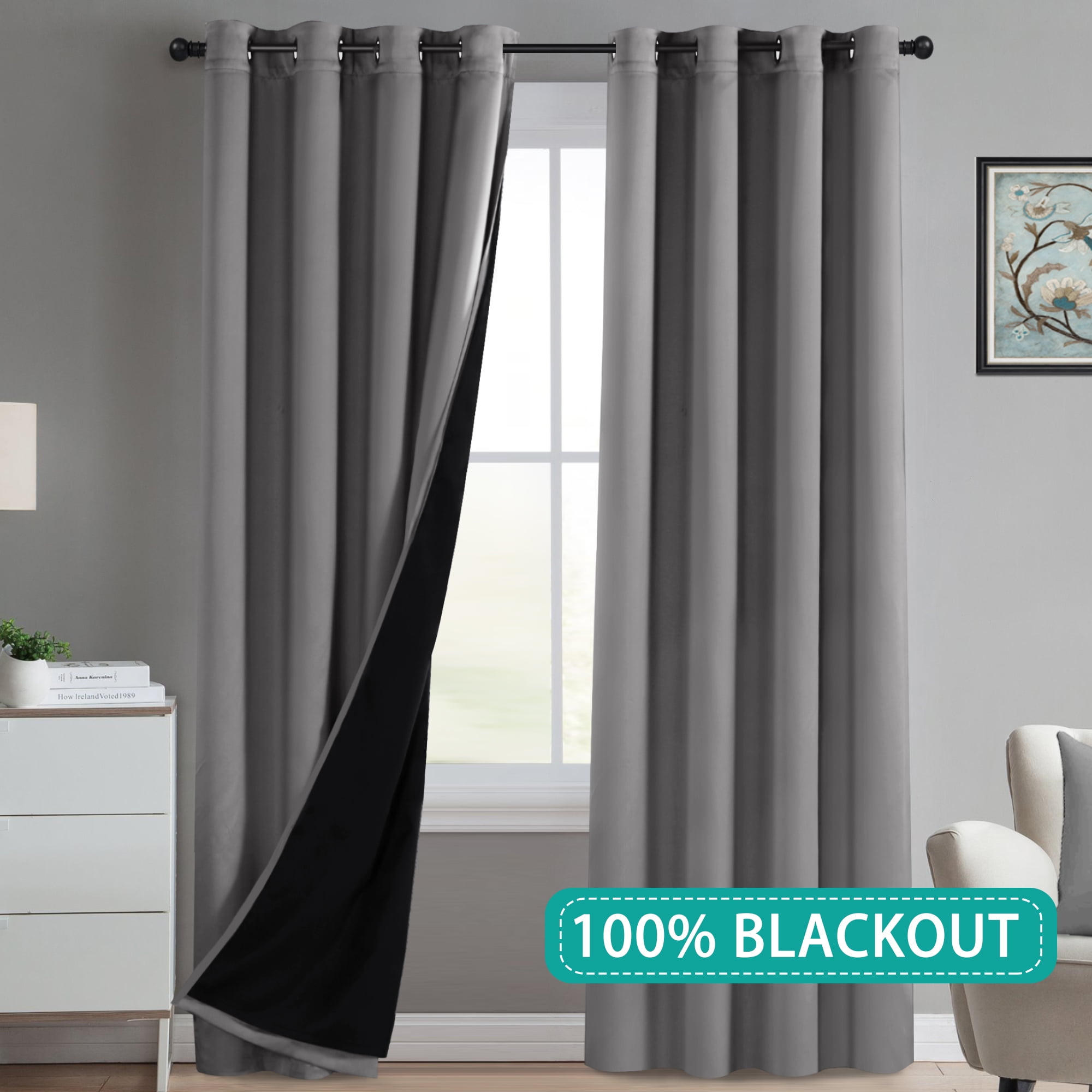 Full Blackout Dove Grey Curtains Faux Silk Satin with Black Liner