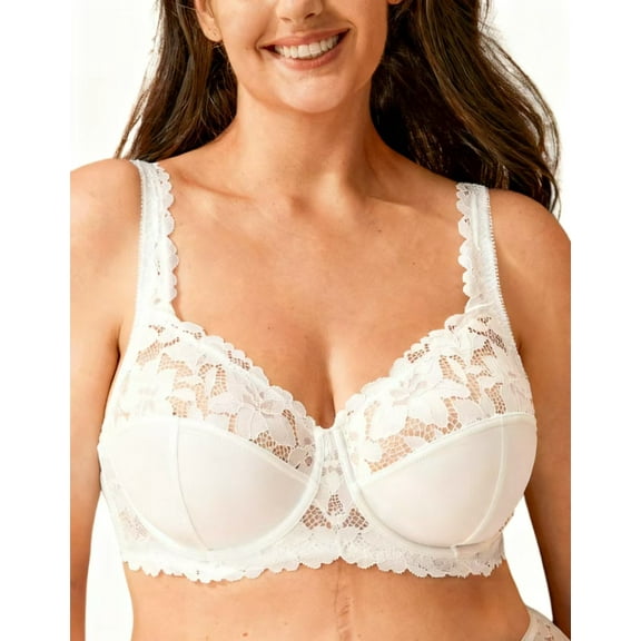 Plus Size Minimizer Bra Underwire Full Coverage Lace Unpadded Bra for Women, White