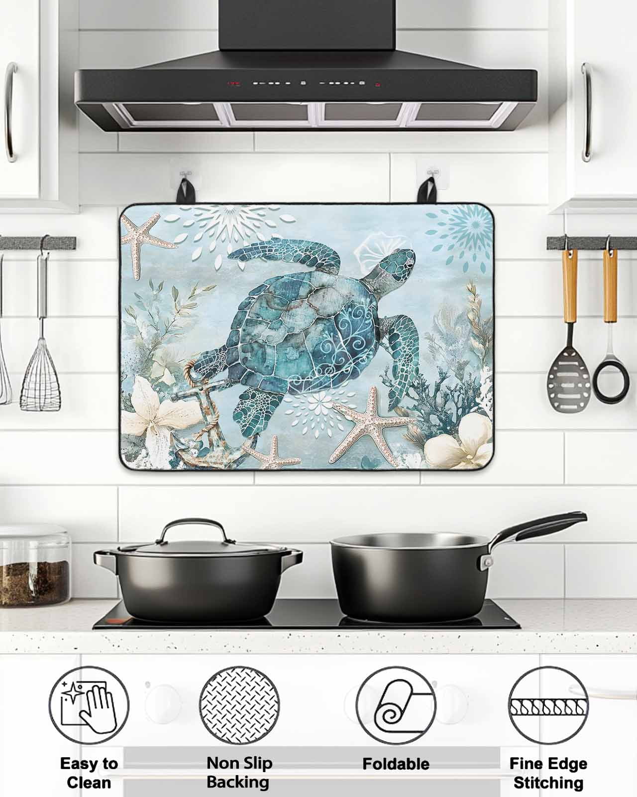 Stove Top Covers for Electric Stove, Teal Turtle Coastal Glass Stovetop Cover Protector, Summer Beach Nautical Starfish Induction Cooktop Protector Oven Mat for Kitchen Countertop 24"x21"