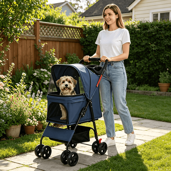 HAOMINS Pet Stroller, Foldable Steel Frame Dog Stroller with Storage Basket and Safety Leashes and Breathable Mesh, 4 Wheel Pet Strolling Cart for Small Dogs and Cats Under 28 lbs