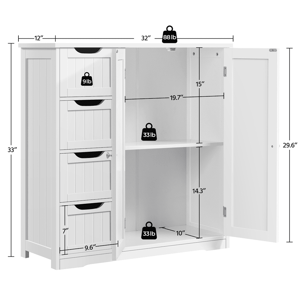 Alden Design Bathroom Floor Storage Cabinet, White, 12''