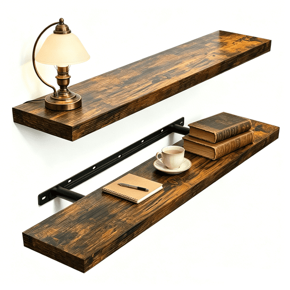 Floating Shelves Set of 2, 22.5 inches Farmhouse Rustic Wood Wall Mounted Shelves for Bathroom, Bedroom, Living Room or Kitchen, Hanging Shelf Decor Book with 22lbs Capacity, Rustic Brown