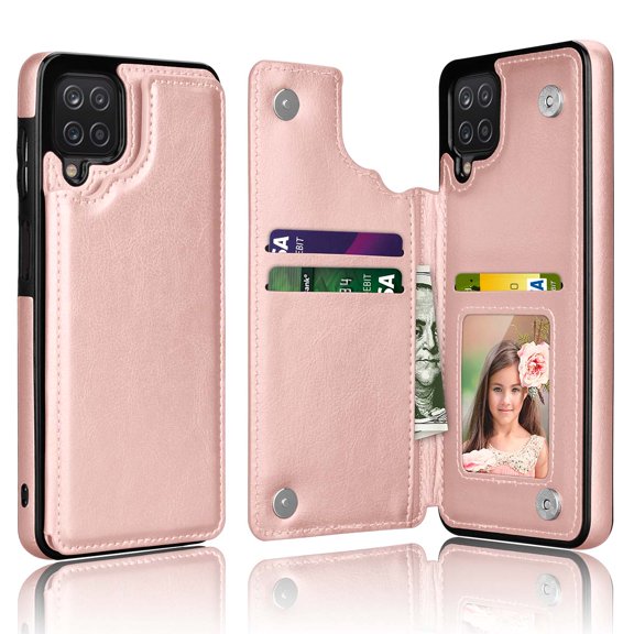 Takfox Leather Case for Galaxy A12,Samsung A12 Phone Case,Luxury PU Leather Shockproof Protective Wallet Cover with Card Holder,Double Magnetic Clasp and Durable Folio Flip Slim Hard Case-Rose Gold