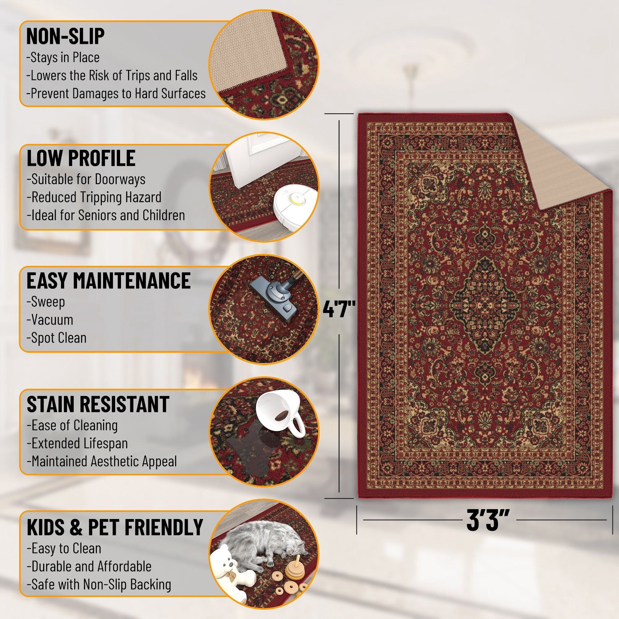 Ottomanson Medallion Area Rug 3'3" x 4'7" - Non Slip Low Pile Carpet, Red