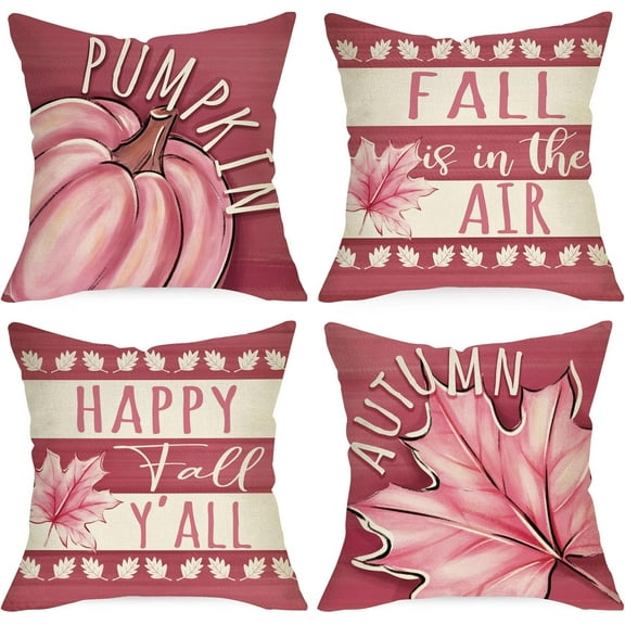 Happy Fall Y''all Decorative Throw Pillow Covers 18x18 Set of 4, Pink Fall is in The Air Pumpkin Maple Leaves Cushion Case Decor, Autumn Stripes Farmhouse Seasonal Home Decoration for Sofa Couch