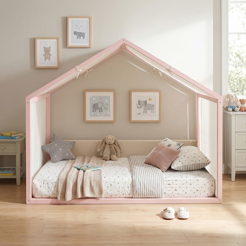 Twin Size Canopy Bed with Upholstered Velvet Side Panels and Breathable Linen Canopy Top, Soft-Padded Platform Bed Floor Montessori Bed for Kids Bedroom