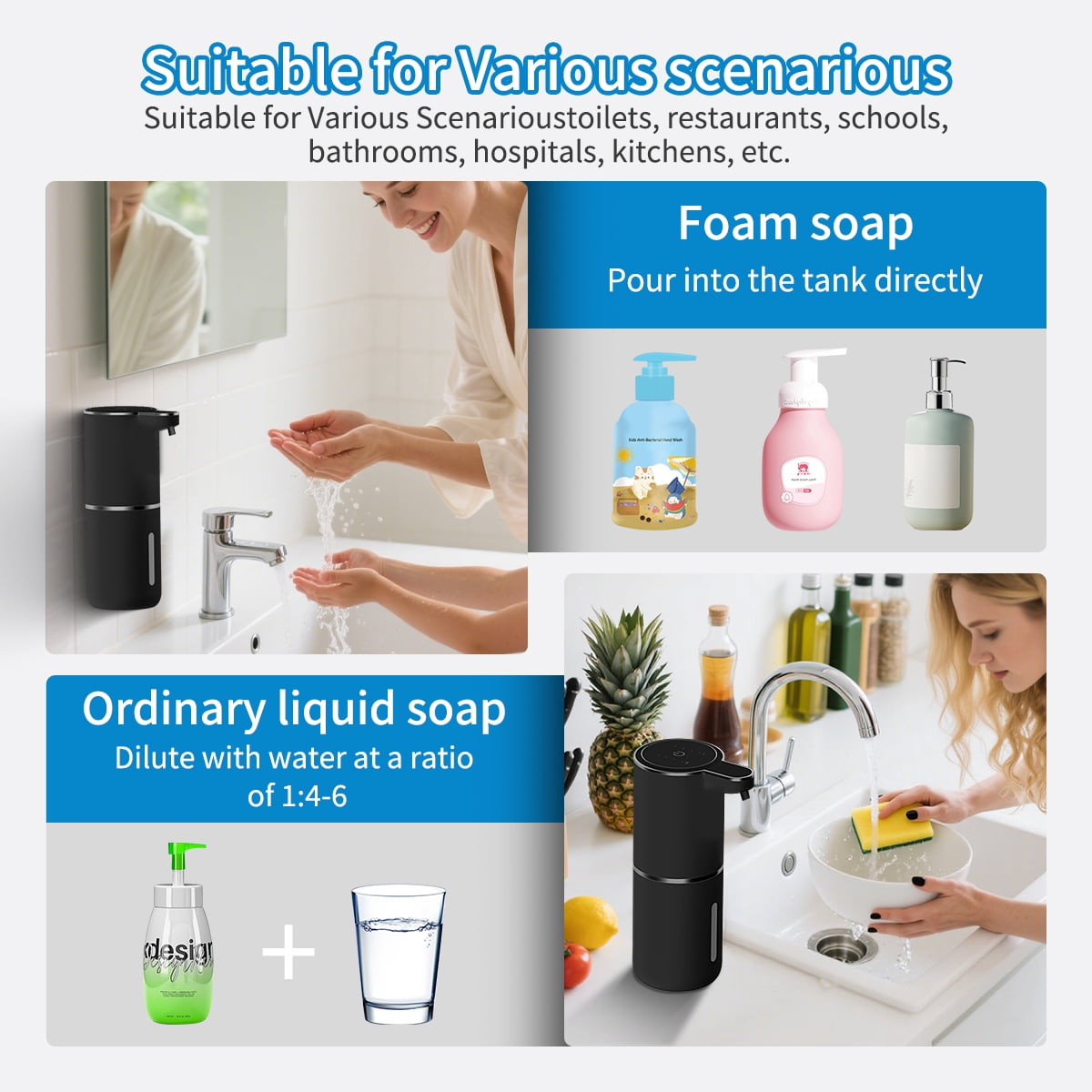 FEELSO Automatic Soap Dispenser, Touchless Foaming USB-C Rechargeable, 4-Level Adjustable, Wall Mount or Countertop, Black