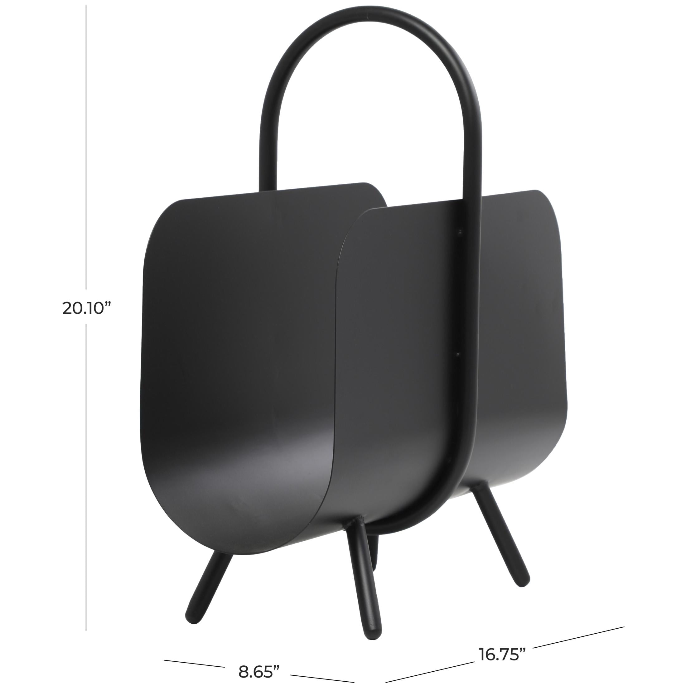 DecMode 20" Black Metal Matte Curved Magazine Holder with Arched Handle and Flared Legs