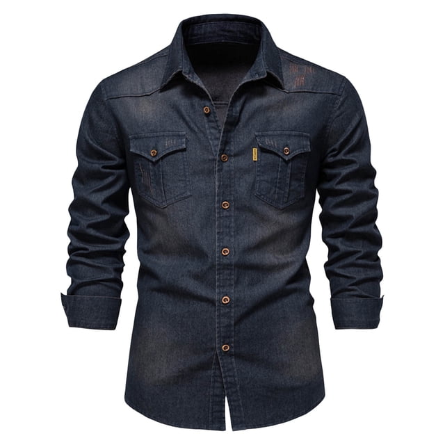 Camisa de manga larga para hombre con bolsillo y corte clásico lavado - Material duradero, diseño moderno, informal para todas las estaciones, tallas S-XXL