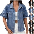 thumbnail image 2 of Short Sleeve Denim Jackets for Women Ruffle Button Down Outerwear Lapel Collar Loose Streetwear Jean Jacket, 2 of 8