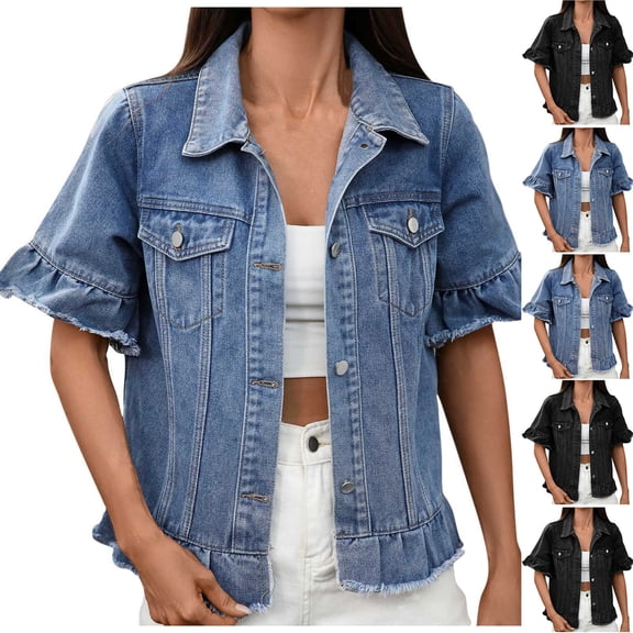 Lovzfmll Women's Denim Shirt Jacket, Solid Color Fall Winter Short Sleeve Top with Chest Pockets, Casual Collared Outerwear