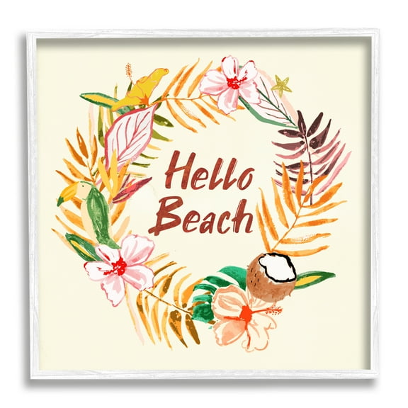 Stupell Industries Hello Beach Greeting Warm Tropical Palm Wreath Inspirational Painting White Framed Art Print Wall Art, 24 x 24