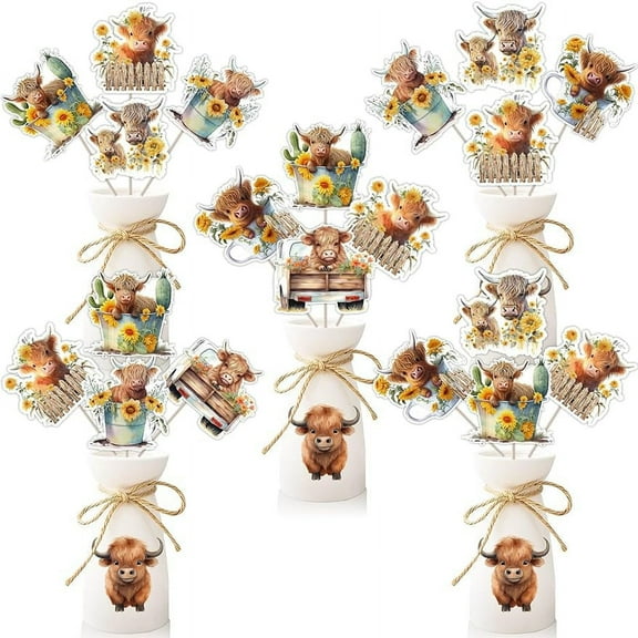 24 Pieces Highland Cow Centerpiece Sticks - Farm Highland Cow Table Toppers, Western Theme Party Decorations, Birthday Party Baby Shower Supplies