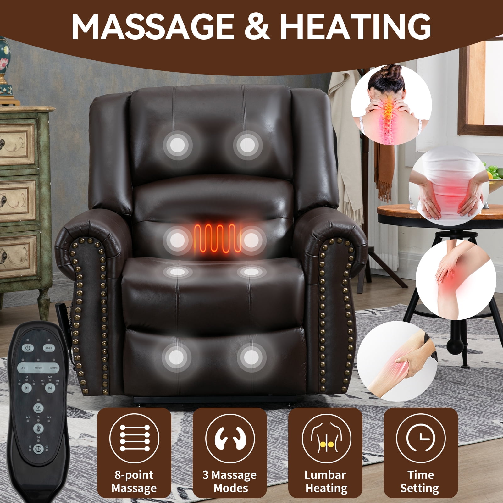 Alvantor Large Power Lift Recliner Chair for Elderly with Massage and Heat Genuine Leather Electric Recliners Chair with USB Ports for Living Room Brown