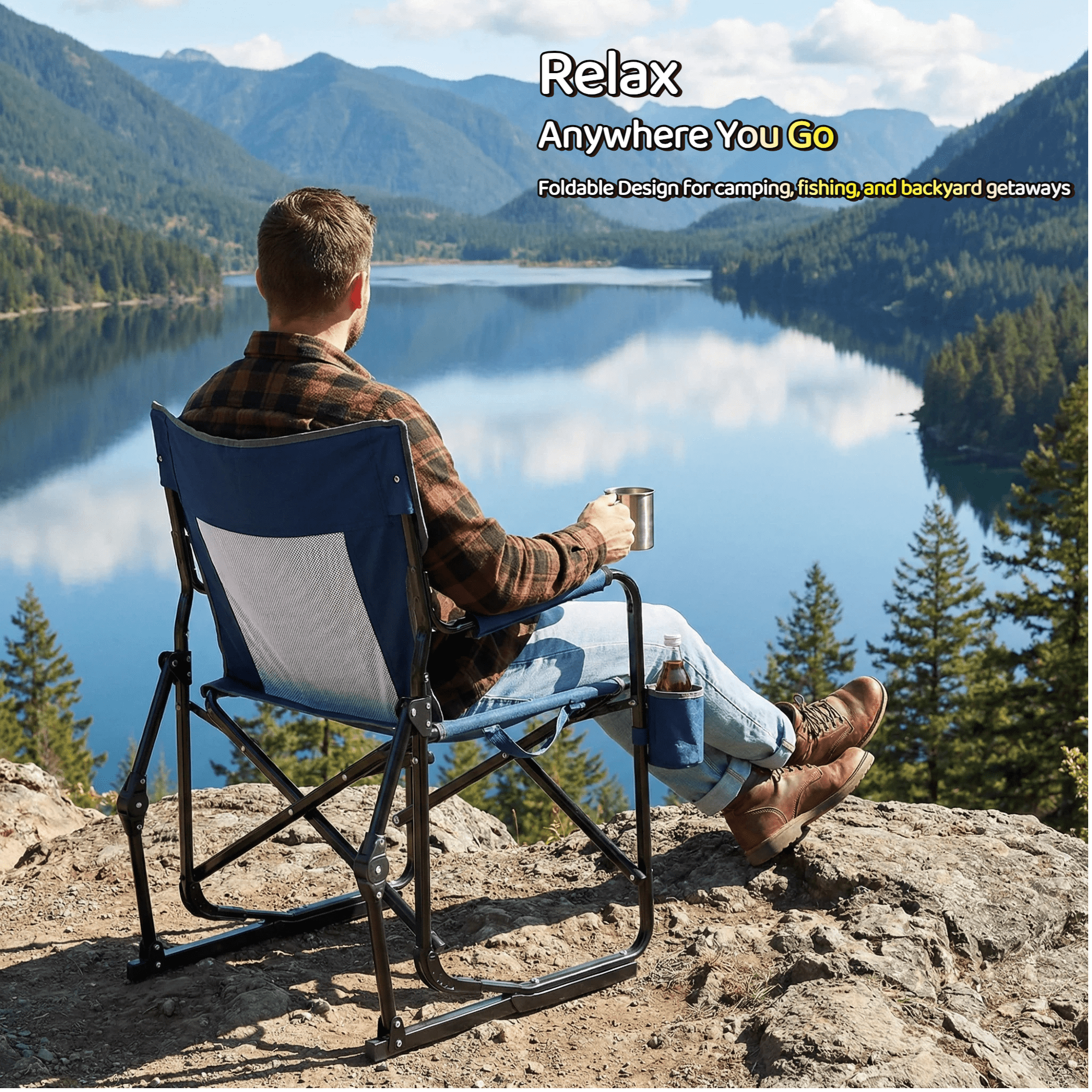 Blazezo Portable Folding Rocking Camping Chair, Outdoor Rocker with Drink Holder, Heavy Duty 400 lb Capacity, Breathable Mesh, for Lawn Patio