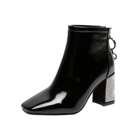 

kpoplk Boots for Women Ankle Booties Wide Women Ankle Boots Autumn and Winter Fashion Rhinestone Decoration Comfortable Square (Black 6.5)