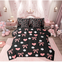 Manfei Girly Pink Bowknot Twin Bedding Sets 7-Piece for Girls, Kawaii Love Heart Bedding Comforter Set, Cherry Blossoms Reversible Sheet Sets, Luxury Bedroom Decor