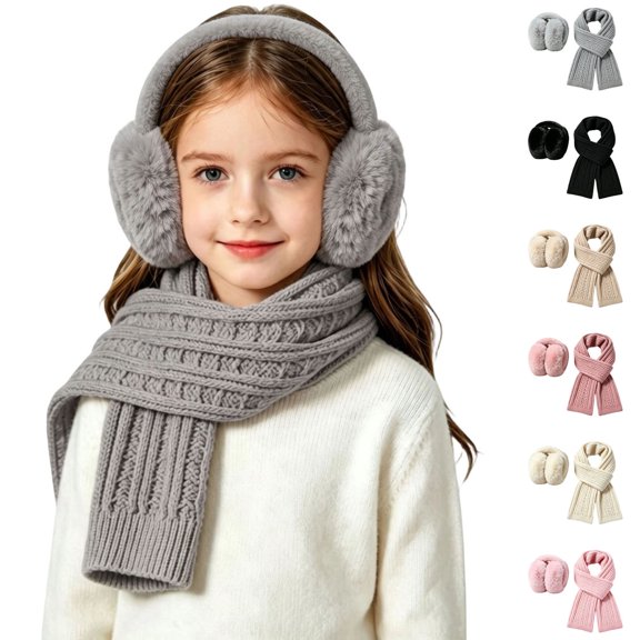 YUANxueke Kids 2-Piece Windproof Plush Ear Muffs Knitted Scarf Sets Solid Thermal Warm Winter Ski Outwear