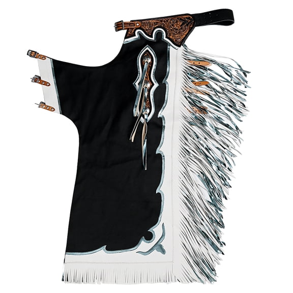Hilason Hand-Tooled Bull Riding Rodeo Chaps Black Leather Unisex Western