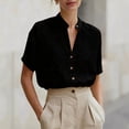 thumbnail image 3 of Linen Shirts for Women Short Sleeve Band Collar V Neck Button Up Summer Blouses Business Casual Office Work Shirts, 3 of 5