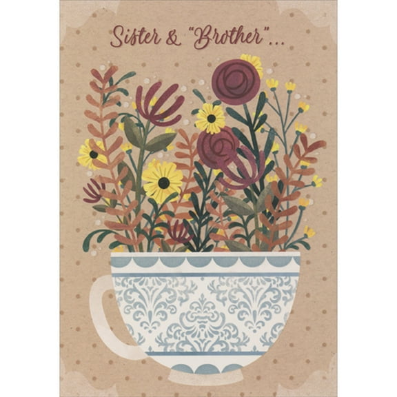 Designer Greetings Red and Yellow Flowers in White and Blue Tea Cup Thanksgiving Card for Sister and 'Brother'