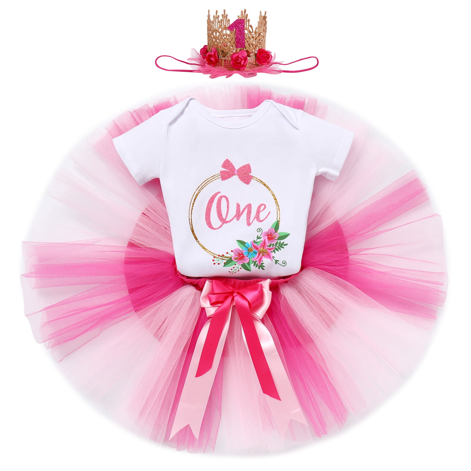 IBTOM CASTLE Infant Baby Girl One Year Old Birthday Outfit Floral Lace Party Cake Smash Romper + Tutu Skirt + Crown Clothes Set for Photo Shoot 1 Year Hot Pink - Flower