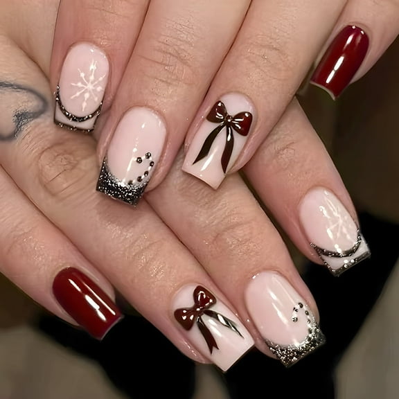Yoyauz 24 PCS Christmas Fake Nail Wine Red Candy Stick Bow Design Short Fake Nails, Christmas Color Nails Used for DIY Nail Decoration in Winter