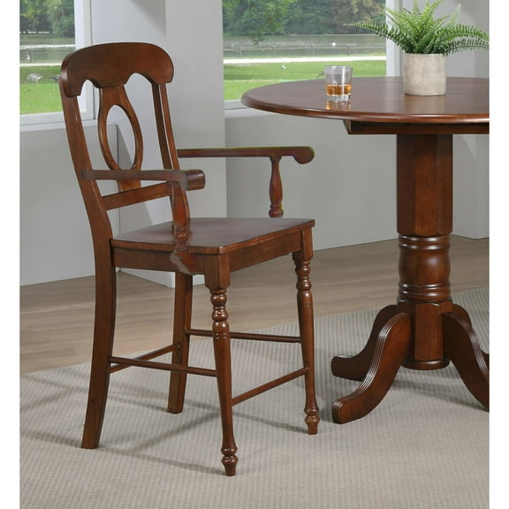 Bar Stools with Arms, Set of 2, Counter Height, Chestnut Brown