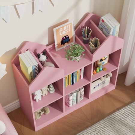 8-Cubby House-Shaped Bookshelf– 35.4 Children s Book & Toy Organizer with Rounded Safety Corners Stable Particleboard Frame for Playroom Classroom Nursery