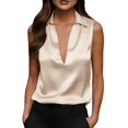 thumbnail image 2 of Women's Solid Color Satin Sleeveless Top with Deep V Neck and Turn Down Lapel Collar, Elegant Casual Blouse, for Summer Daily Wear or Office Outfits Beige, 2 of 5