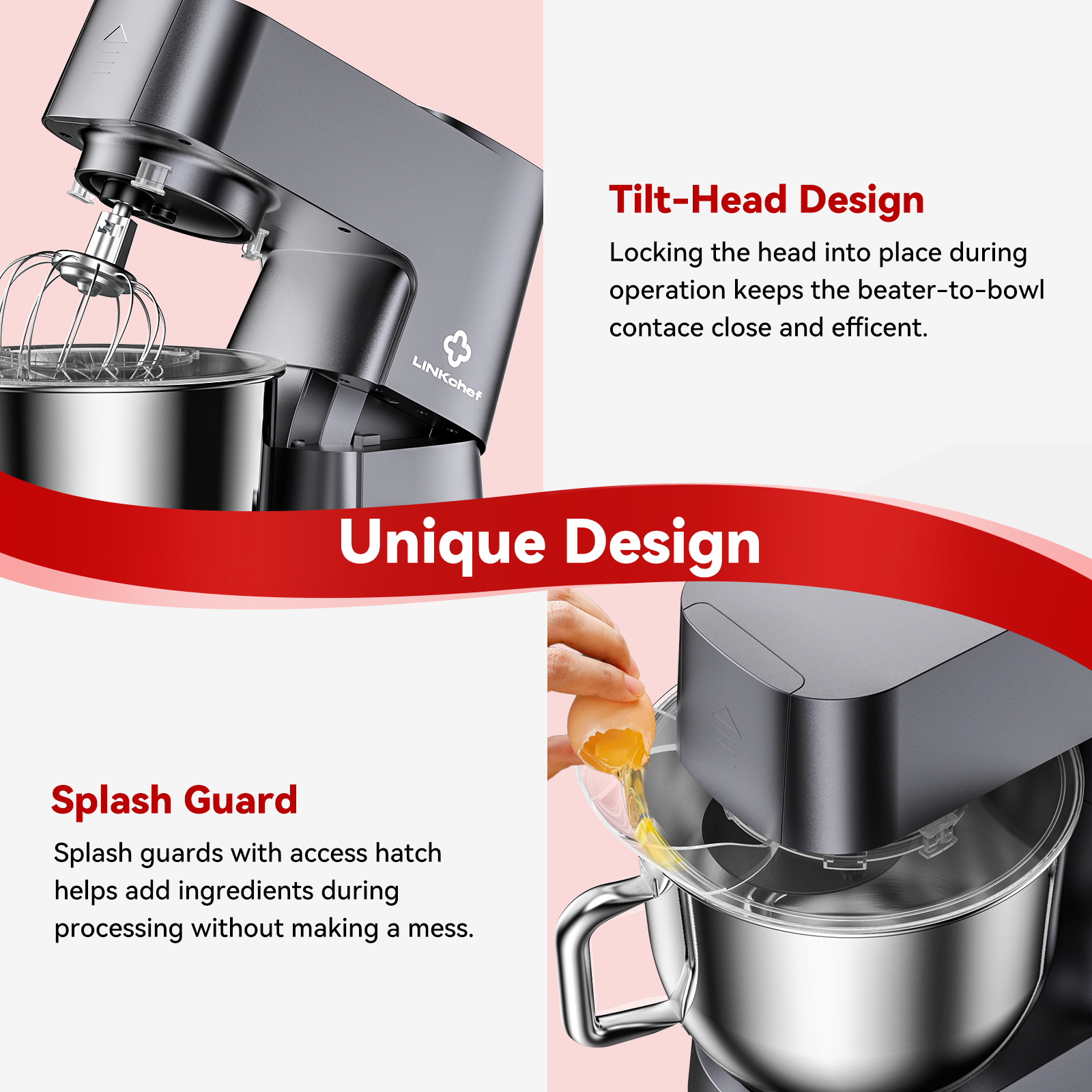 LINKChef 7.5-Quart Stand Mixer, 800W 12-Speed, Gray photo 4