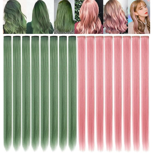 Mèches de Cheveux Turquoise 21 Pieds' Princesse pour Fête, Extensions de Cheveux Colorées à Clipser/à Enfiler pour Filles Américaines et Enfants, Pièces de Perruque - Vert Foncé + Rose