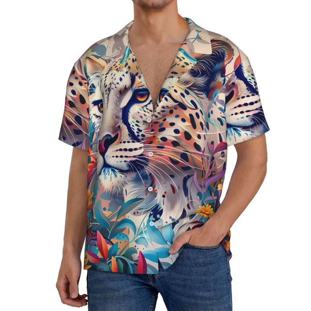 Fotbe Vibrant Leopard In Flowers Camisa Estampada de Manga Corta para Hombre, Casual de Verano, Estilo Playero, Sin Arrugas-Small